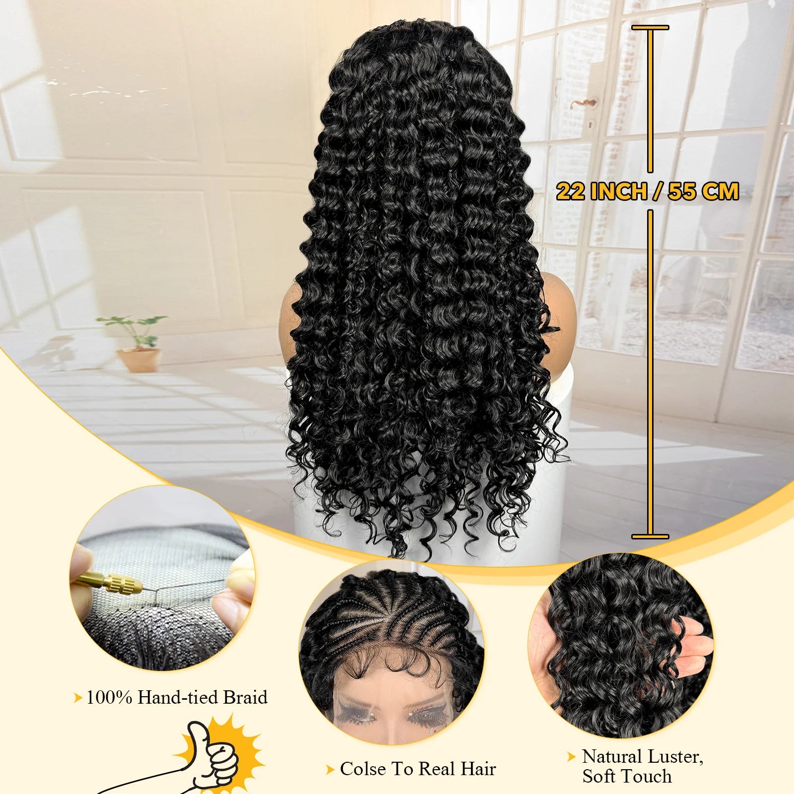 13x6 Lace Frontal Synthetic Cornrow Braiding Wig with Curly 22 Inches Handmade African Braids Hair Wigs for Black Women